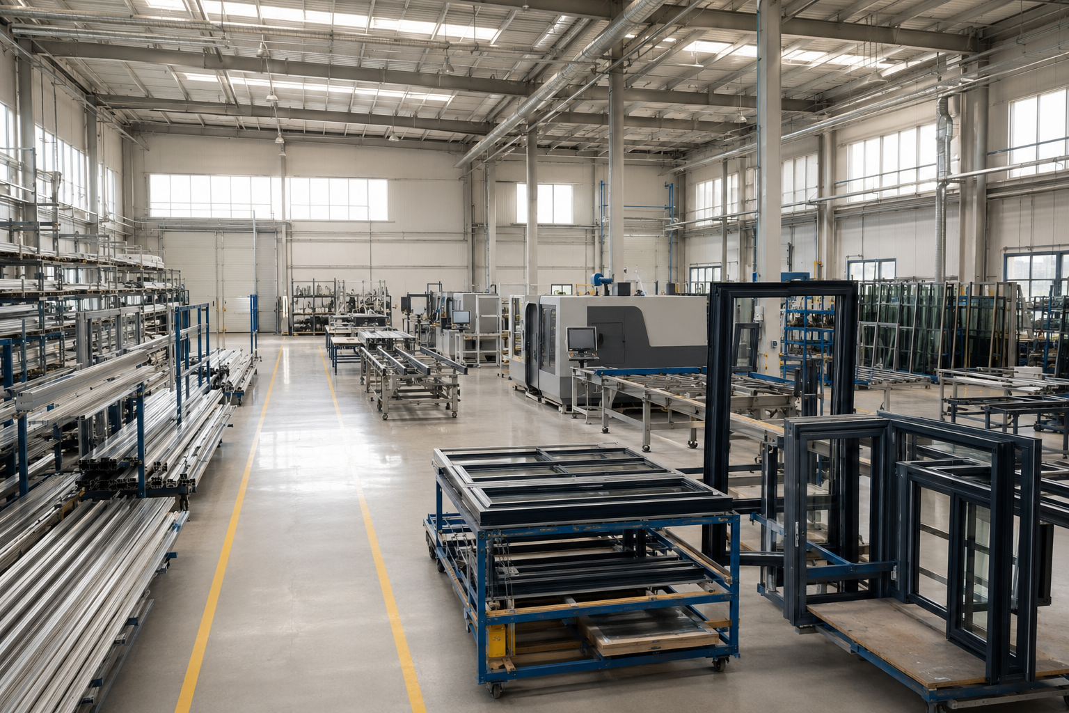 Representative view of organised aluminium window and façade component assembly work.
