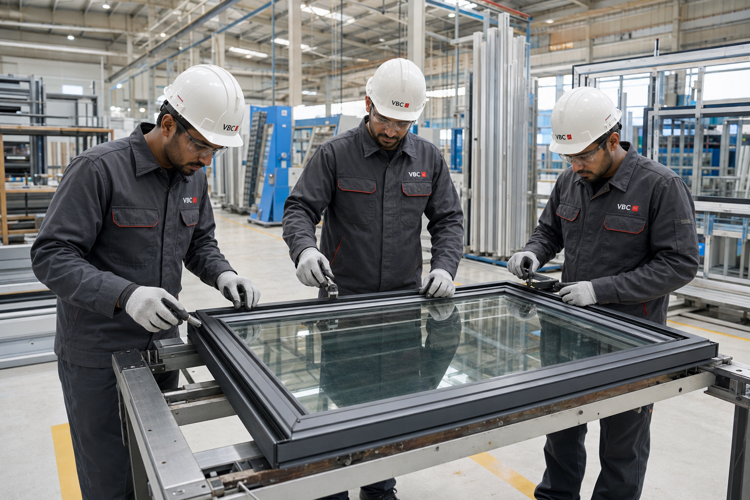 Representative image of technicians checking a glazed aluminium frame and its tolerances.