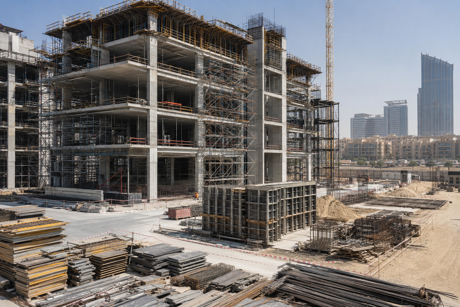 Representative view of coordinated concrete-frame and envelope work on an active construction site.
