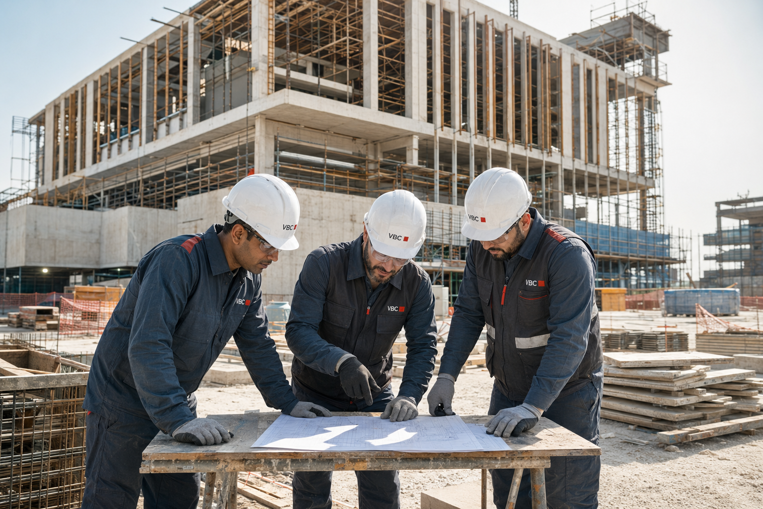 Representative image of field engineers reviewing drawings beside ongoing construction work.