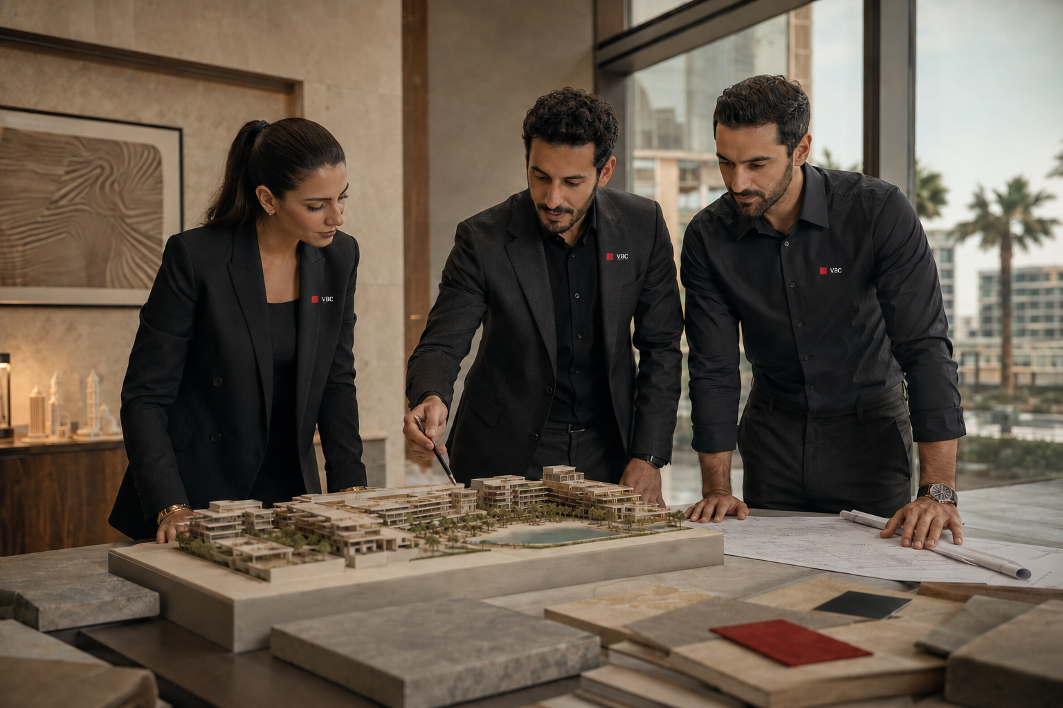 Representative image of a development team reviewing a massing model and project plans.
