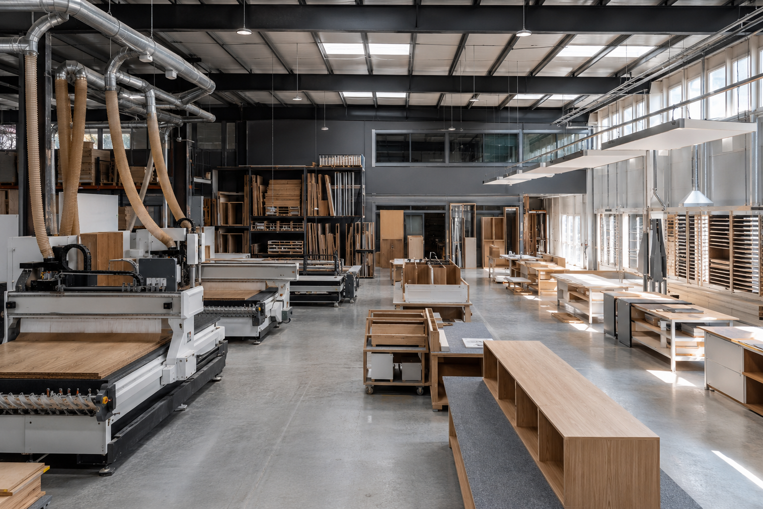 Representative view of an organised architectural joinery workshop with timber components in production.