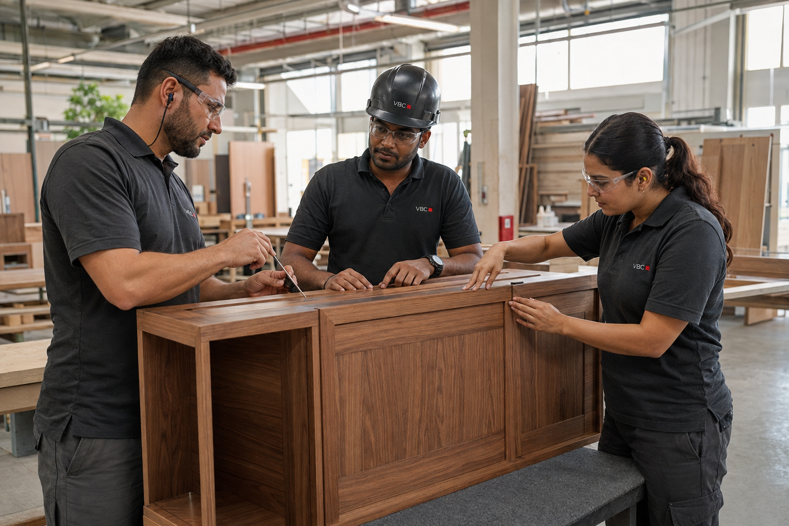 Representative image of craftspeople inspecting the finish and fit of architectural woodwork.