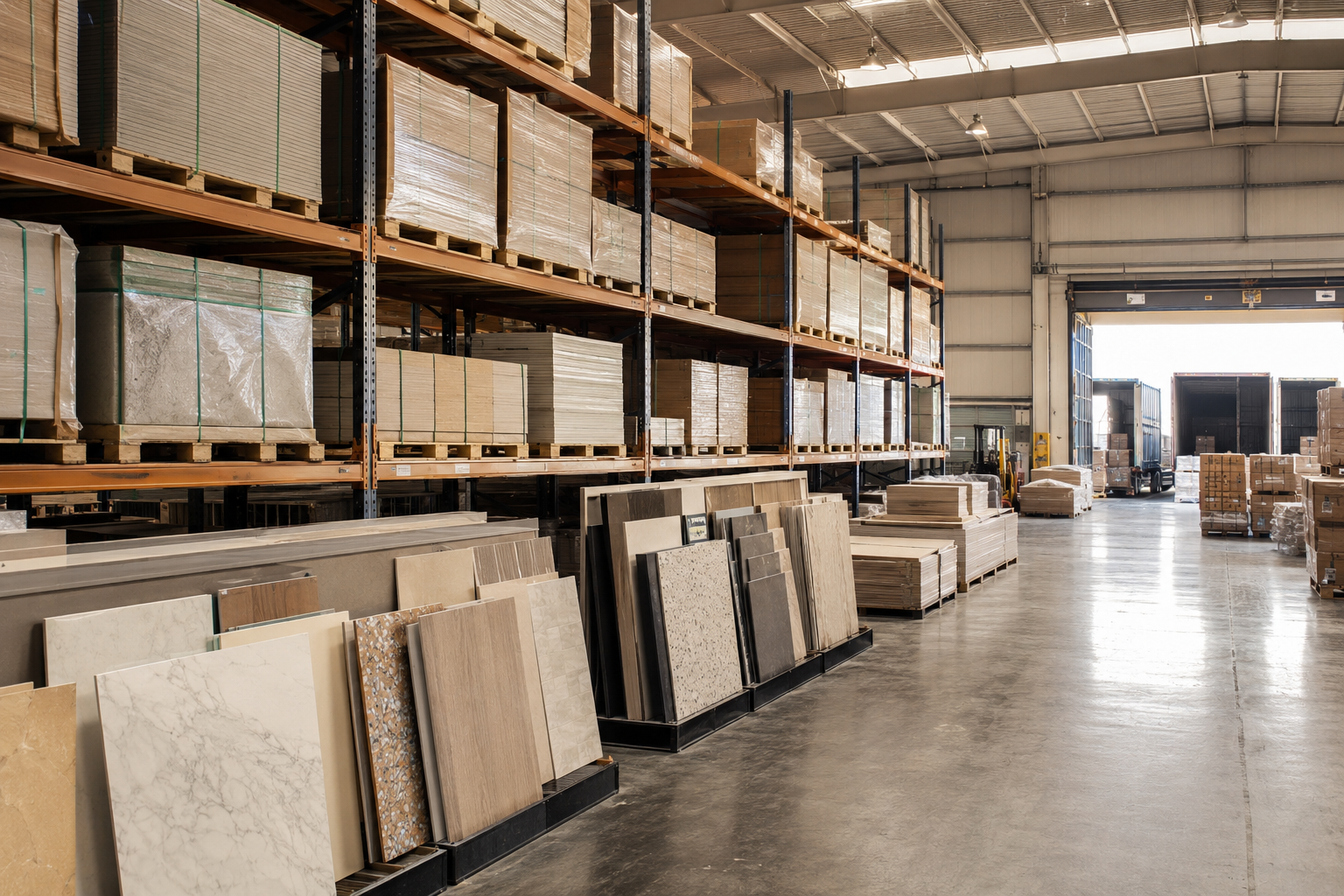Representative view of an organised building-materials logistics environment with controlled storage.