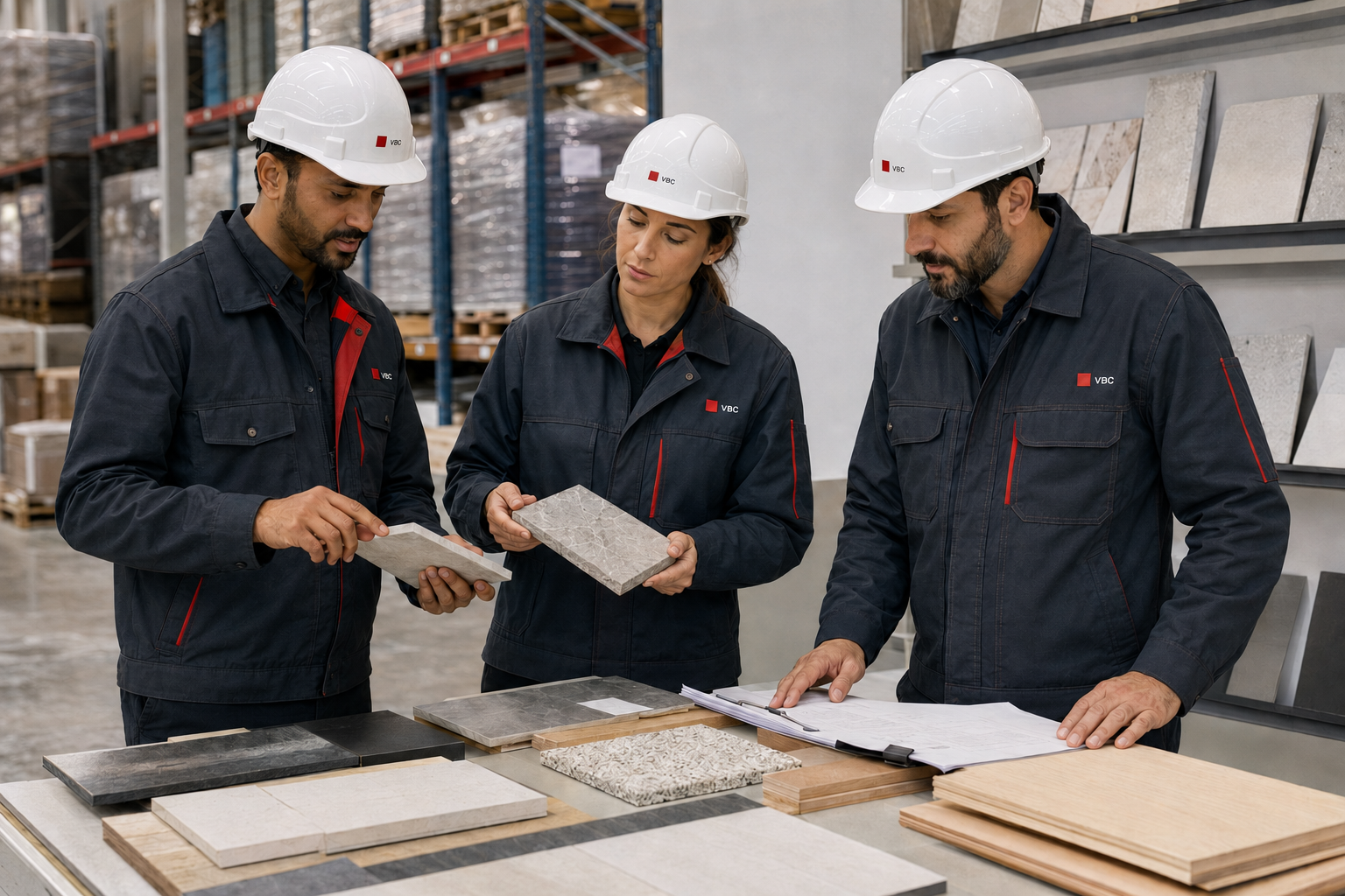 Representative image of procurement and quality specialists reviewing materials samples and delivery records.