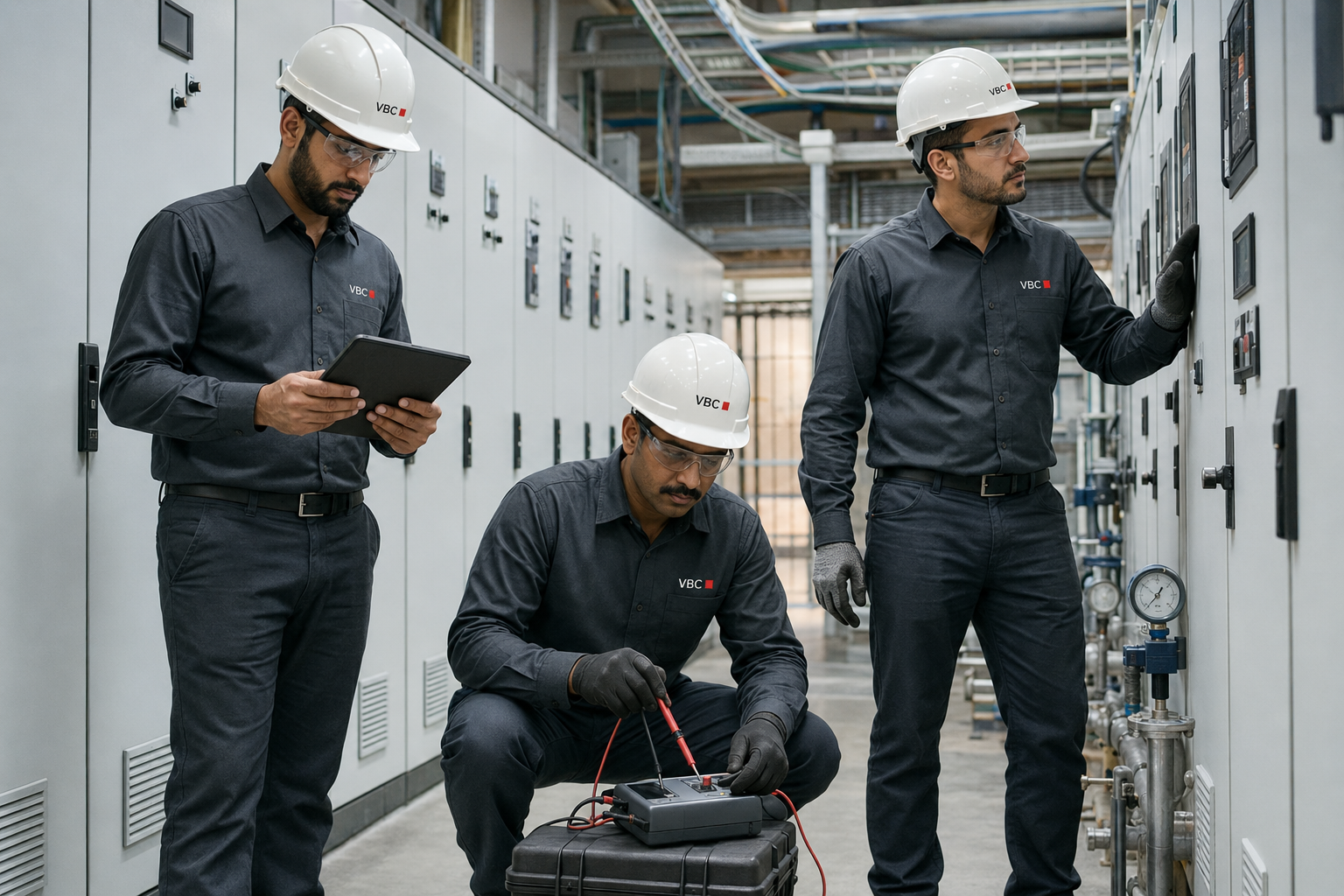 Representative image of commissioning engineers testing coordinated building services and controls.