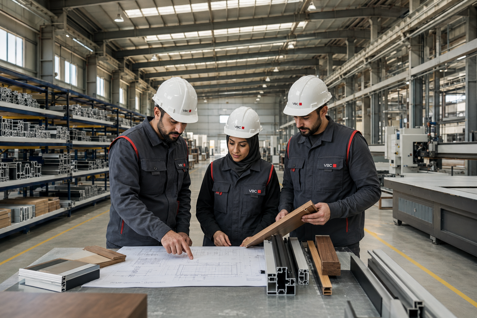 Photorealistic concept study of an advanced Dubai fabrication facility with a VBC technical team inspecting the production floor.
