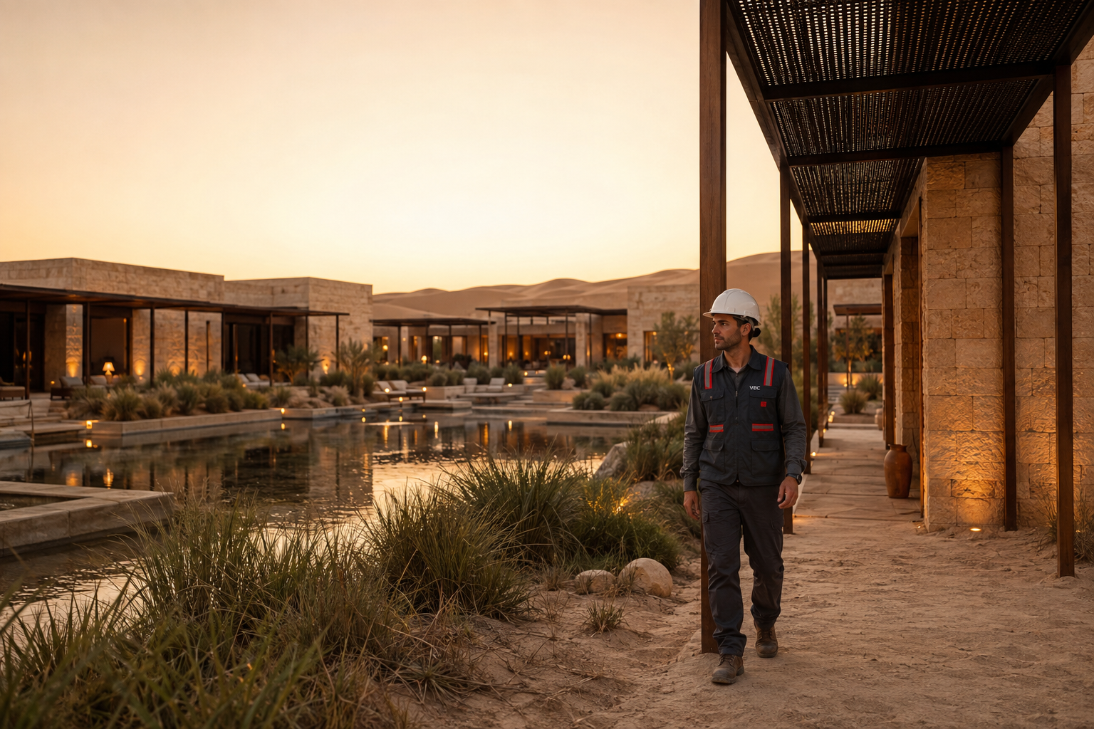Photorealistic concept study of a boutique UAE desert resort with a VBC engineer walking between stone pavilions.