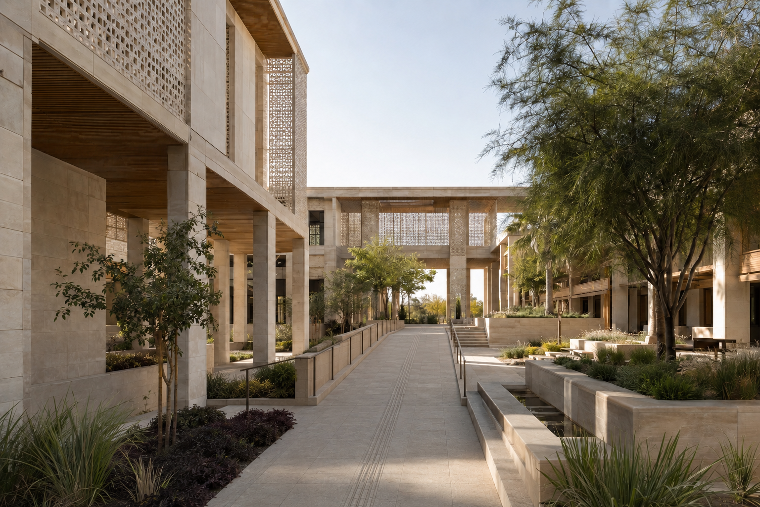 Photorealistic concept study of a Dubai community hub with shaded arcades, perforated screens and a planted civic courtyard.