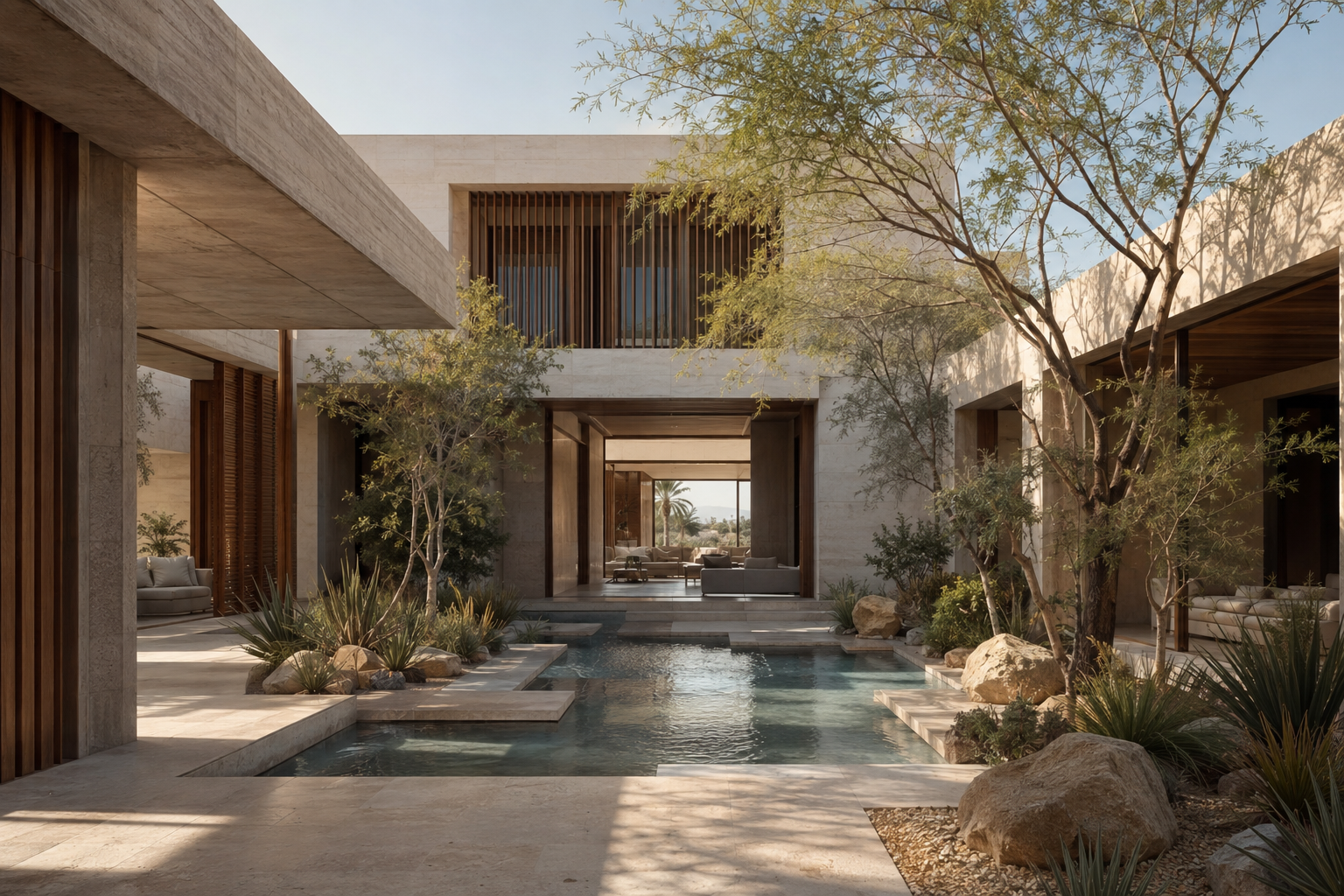 Photorealistic concept study of a contemporary Dubai courtyard residence with limestone walls, timber screens and a reflecting pool.