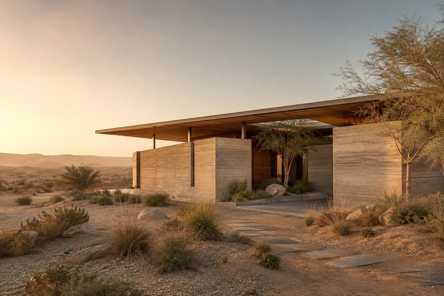Photorealistic concept study of a low UAE desert retreat with rammed-earth walls, deep overhangs and native planting.