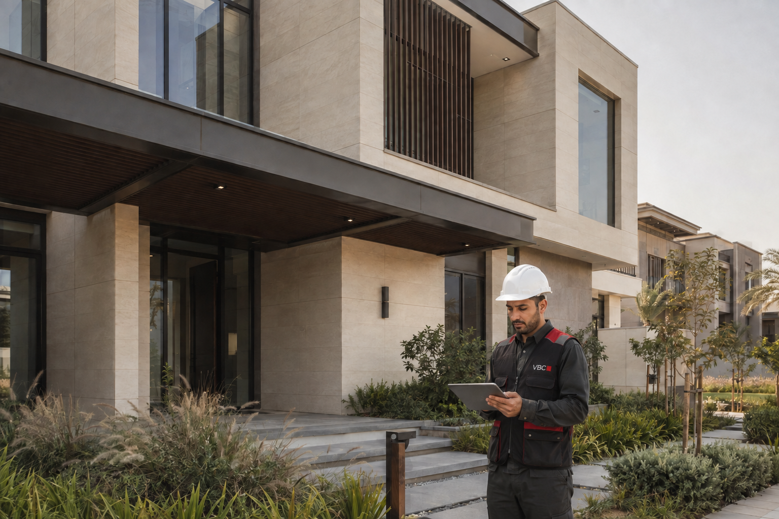 Photorealistic concept study of a contemporary Dubai urban villa with a VBC engineer reviewing the exterior.