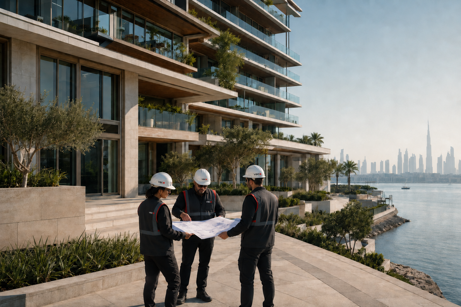 Photorealistic concept study of premium Dubai waterfront residences with a small VBC site team reviewing drawings.